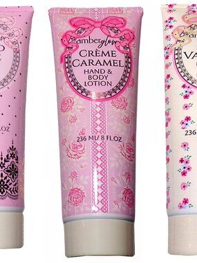 Amberglow Hand & Body Lotions: Pink Vanilla, Crème Caramel & Coco Rose 8oz.